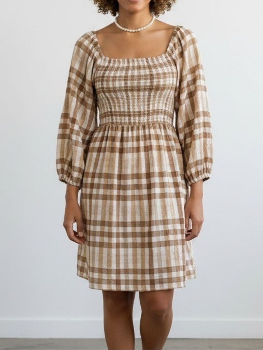 Billabong 'Paradise Days' Tan & Cream Plaid Smocked Square-Neck Mini Dress S
